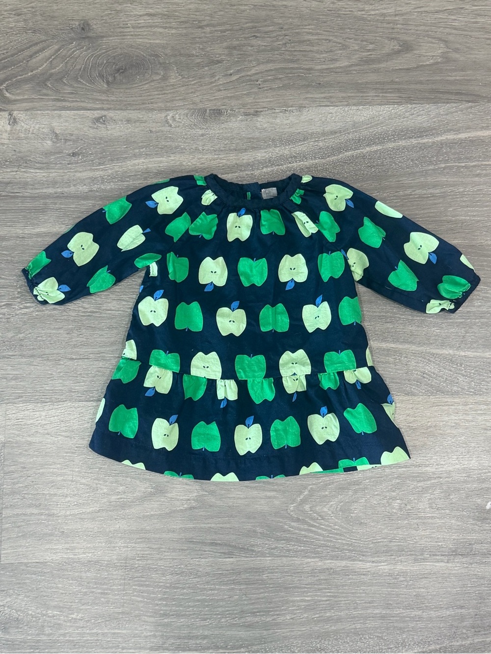 Primary Baby Girls Navy Green Apple Long Sleeve Dress 3-6 Months Cotton